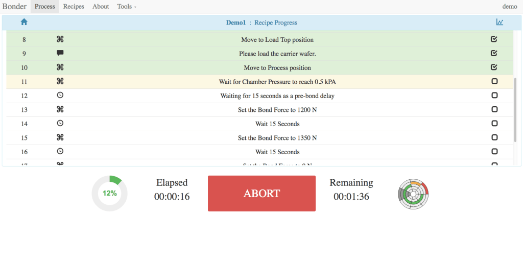 DataStream Recipe Process View - Apogee ™ Spin Coat, Bake Plate, Hot Plate, Bonder, Debonder