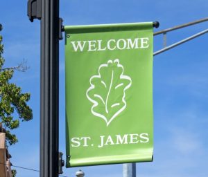 A photograph of the Welcome to St. James, Missouri Flag