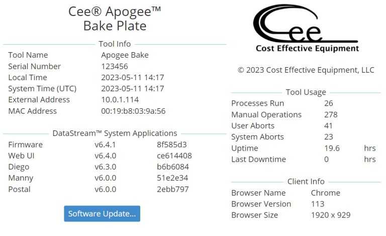 A picture of the About screen display DataStream® v6.4.1 for the Cee® Apogeel Line of tools.