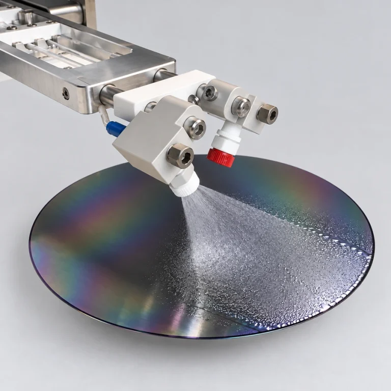 AccuScan spray arm and nozzle brackets rinse a silicon wafer against a light-gray background