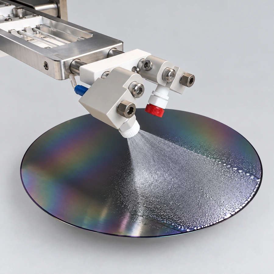 AccuScan spray arm and nozzle brackets rinse a silicon wafer against a light-gray background