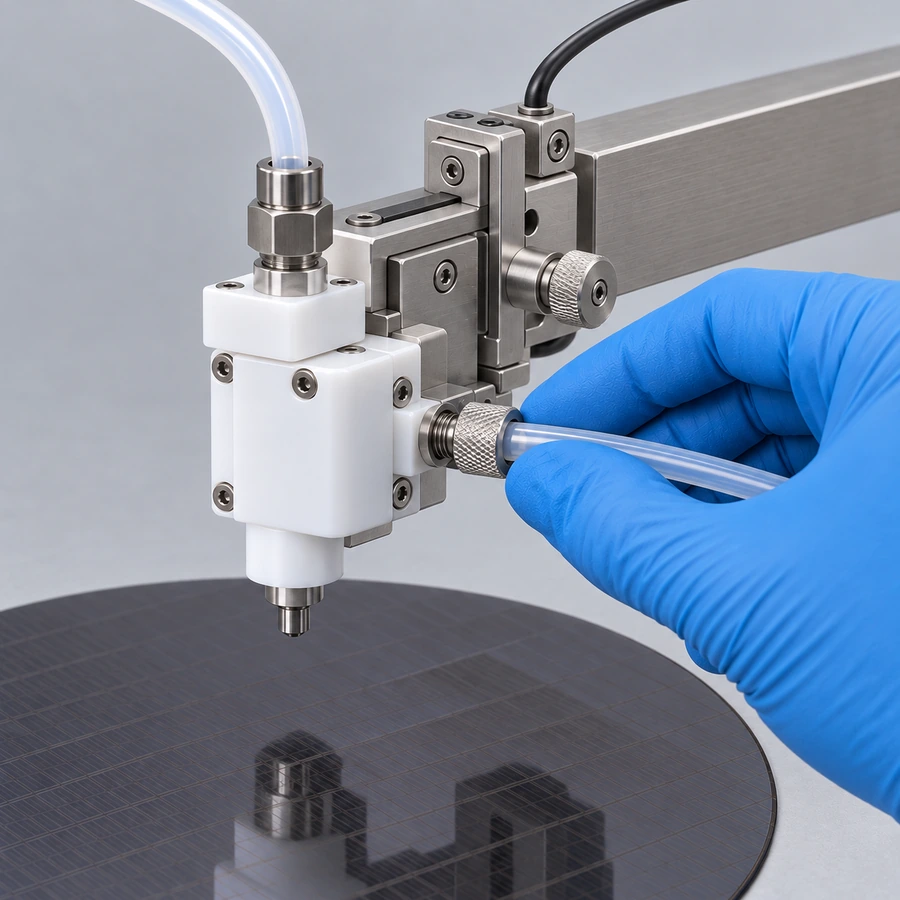 Gloved hand assembles a custom dispense head above a patterned wafer