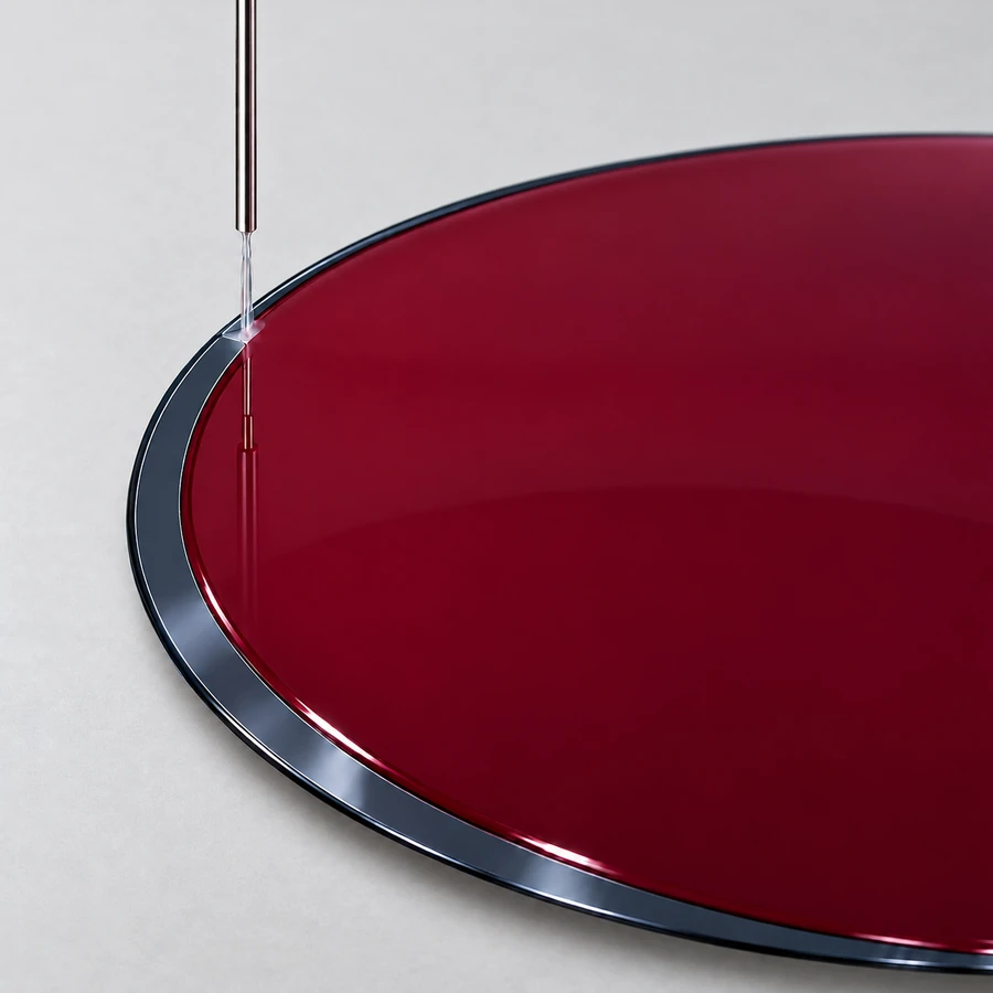 A narrow solvent stream removes coating from the wafer perimeter against a light-gray background