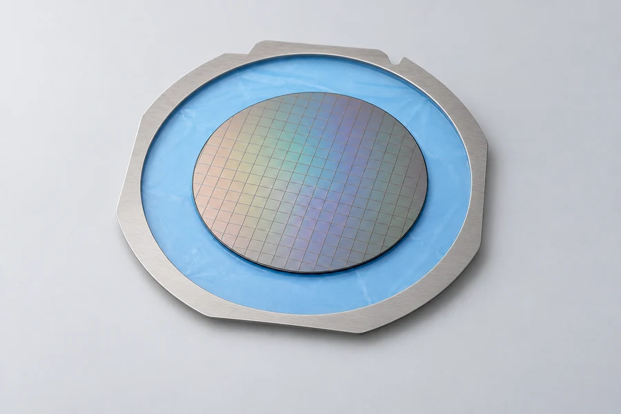 Silicon wafer on blue dicing tape in a thin stainless-steel tape frame