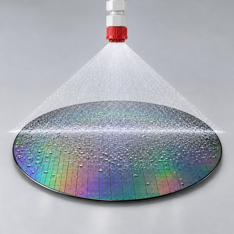 White plastic fitting and red nozzle deliver a flat fan spray across a patterned silicon wafer