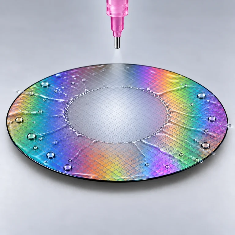 Pink Luer tip dries a patterned wafer from the center outward, leaving a wet outer area