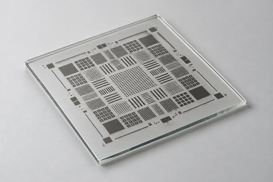 Square glass photomask with a fine geometric pattern