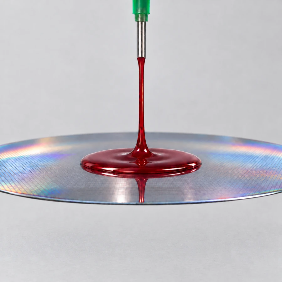 A controlled coating stream forms a puddle at the wafer center against a light-gray background